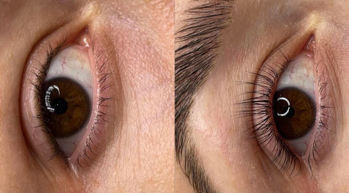 Close-up of an eye before and after lash lift at Whimsical Beauty, Falmouth, England, GB.