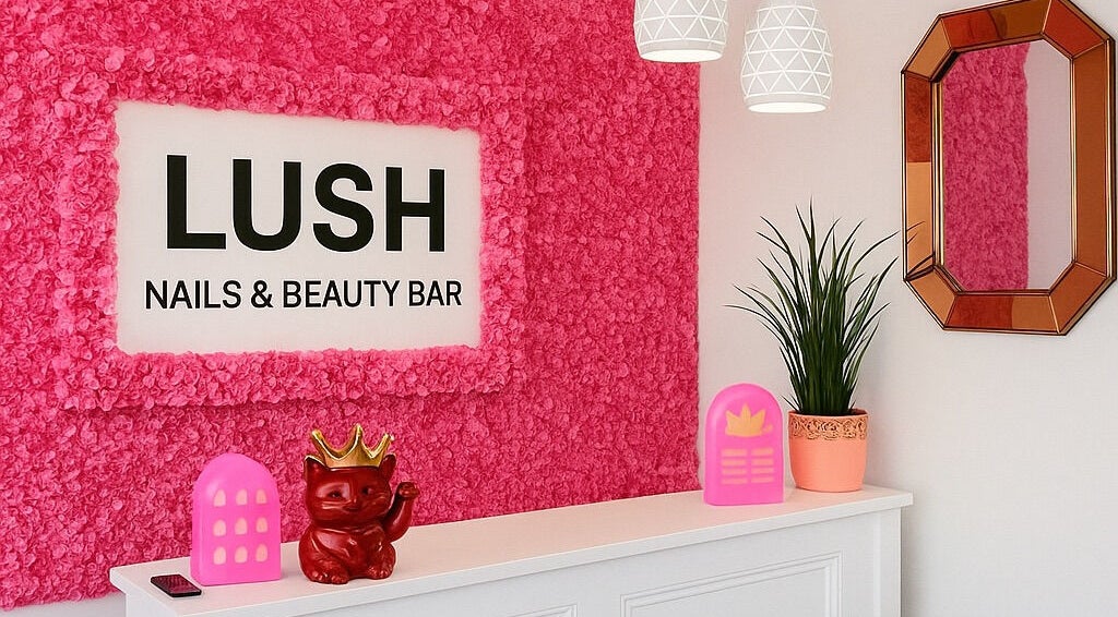 Entrance of Lush Nails & Beauty Bar in Southampton, England, GB with a vibrant pink floral backdrop.