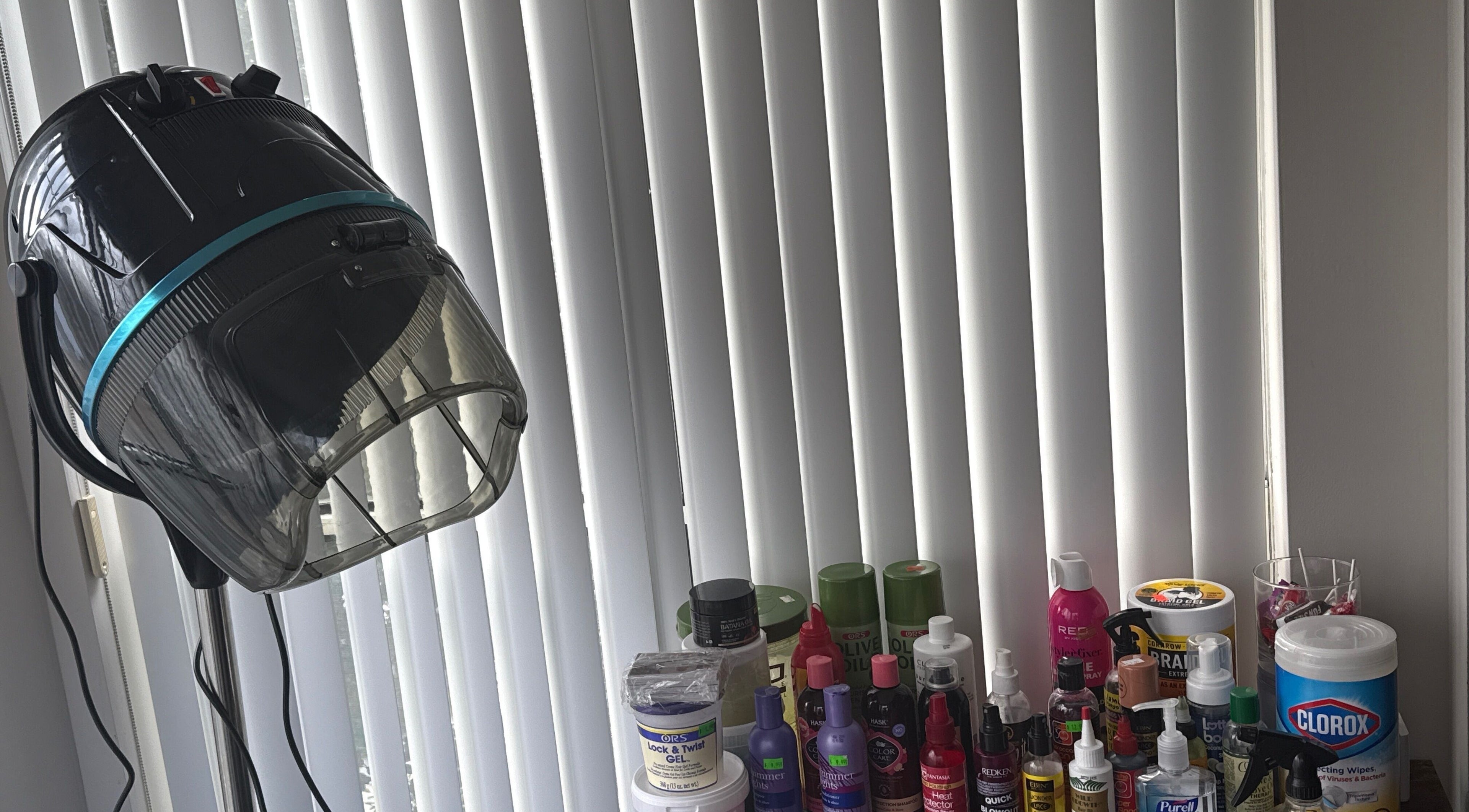 Salon dryer and hair products at ReesaStylist, Nashville, Tennessee, US.