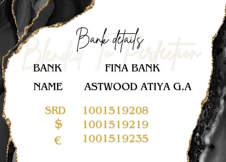 Zwart-wit design met bankgegevens van Blended To Perfection, Paramaribo, Paramaribo District, SR.