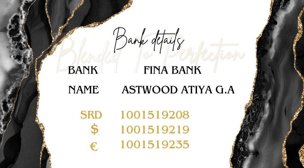 Zwart-wit design met bankgegevens van Blended To Perfection, Paramaribo, Paramaribo District, SR.