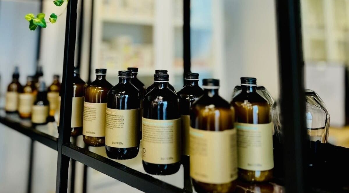 Organic products displayed at Miss Organic Salon, Prahran, Victoria, AU, showcasing premium beauty bottles.