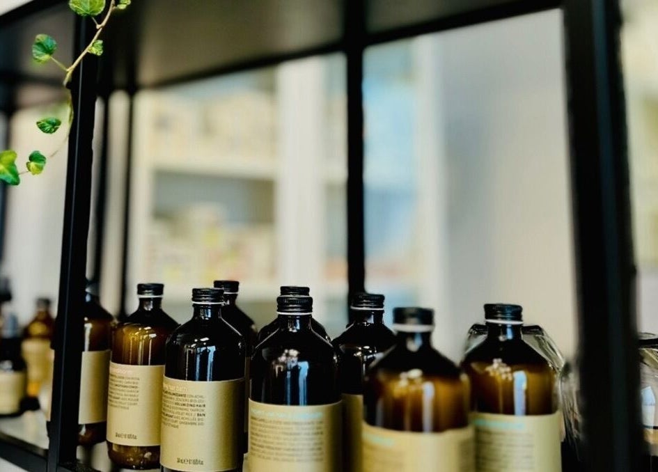 Display of organic product bottles at Miss Organic Salon, Prahran, Victoria, AU.