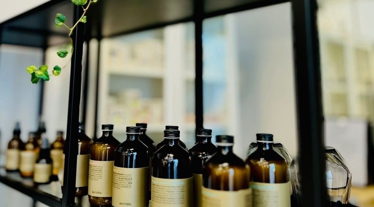 Display of organic product bottles at Miss Organic Salon, Prahran, Victoria, AU.