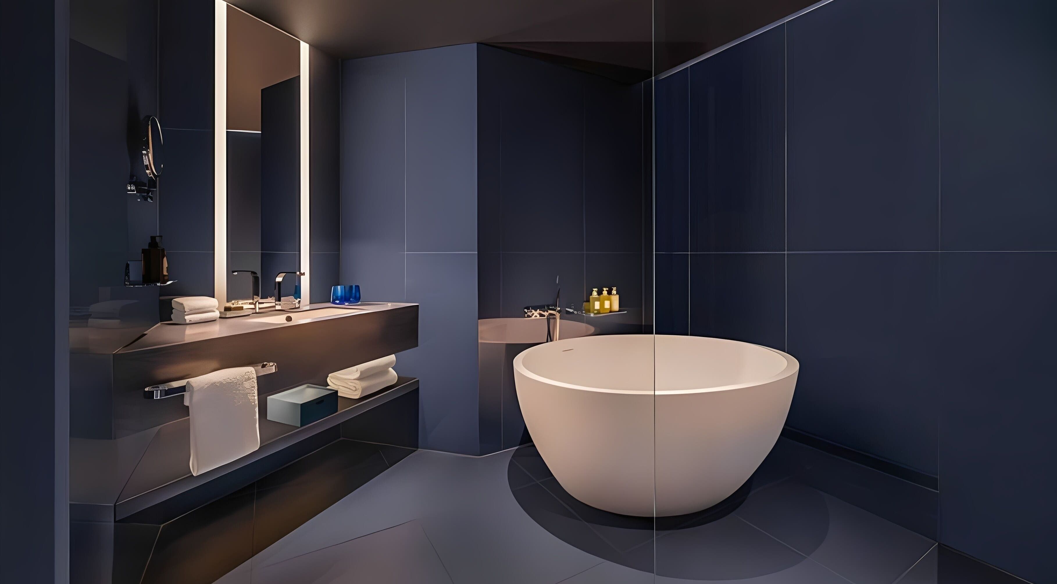 Elegant bathroom at In-Room - W Hotel in Sydney, New South Wales, AU featuring a stylish round tub and modern vanity.