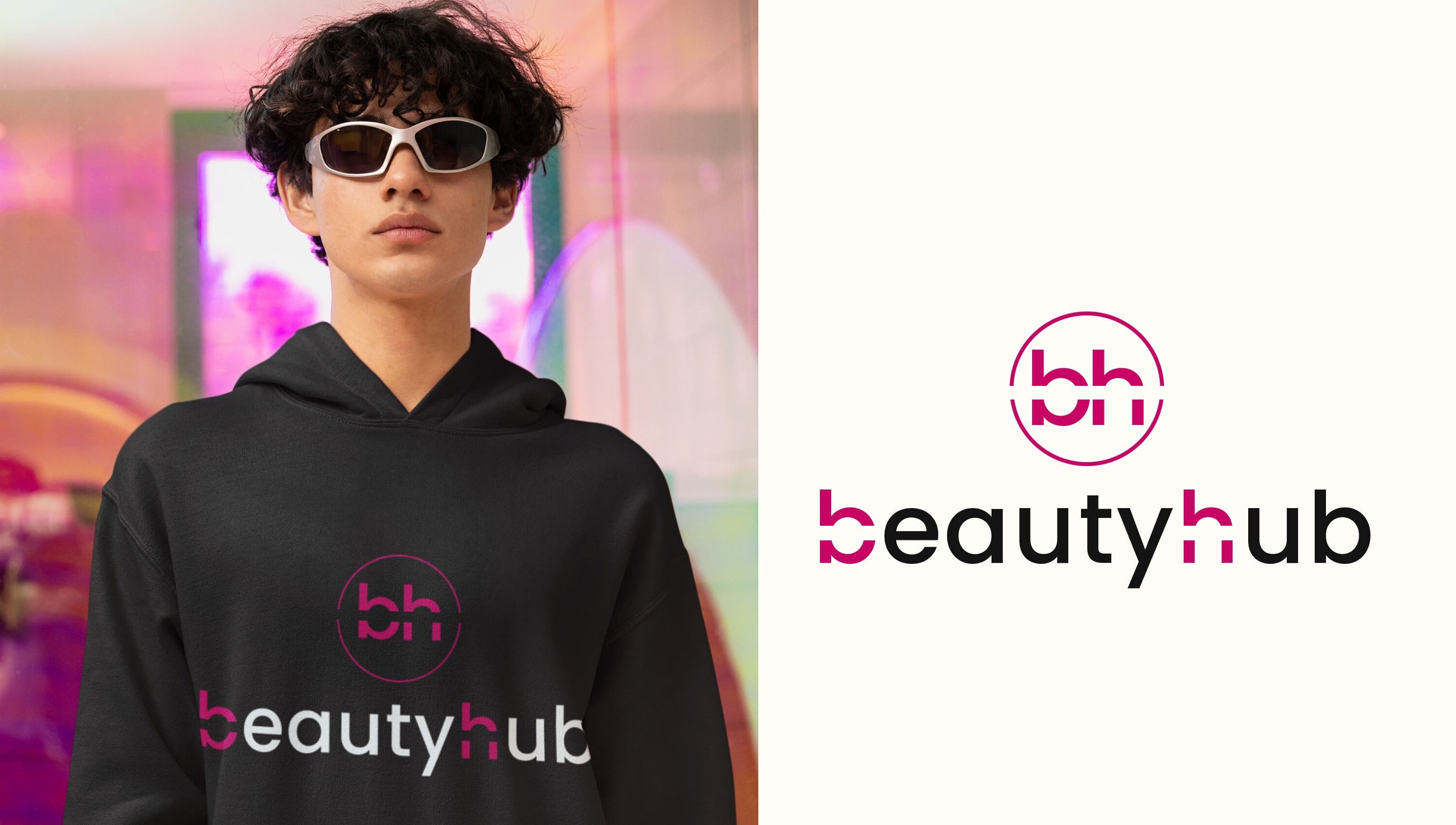 Person in sunglasses and hoodie with BeautyHub logo at pl17, Rumia, Województwo Pomorskie, PL.