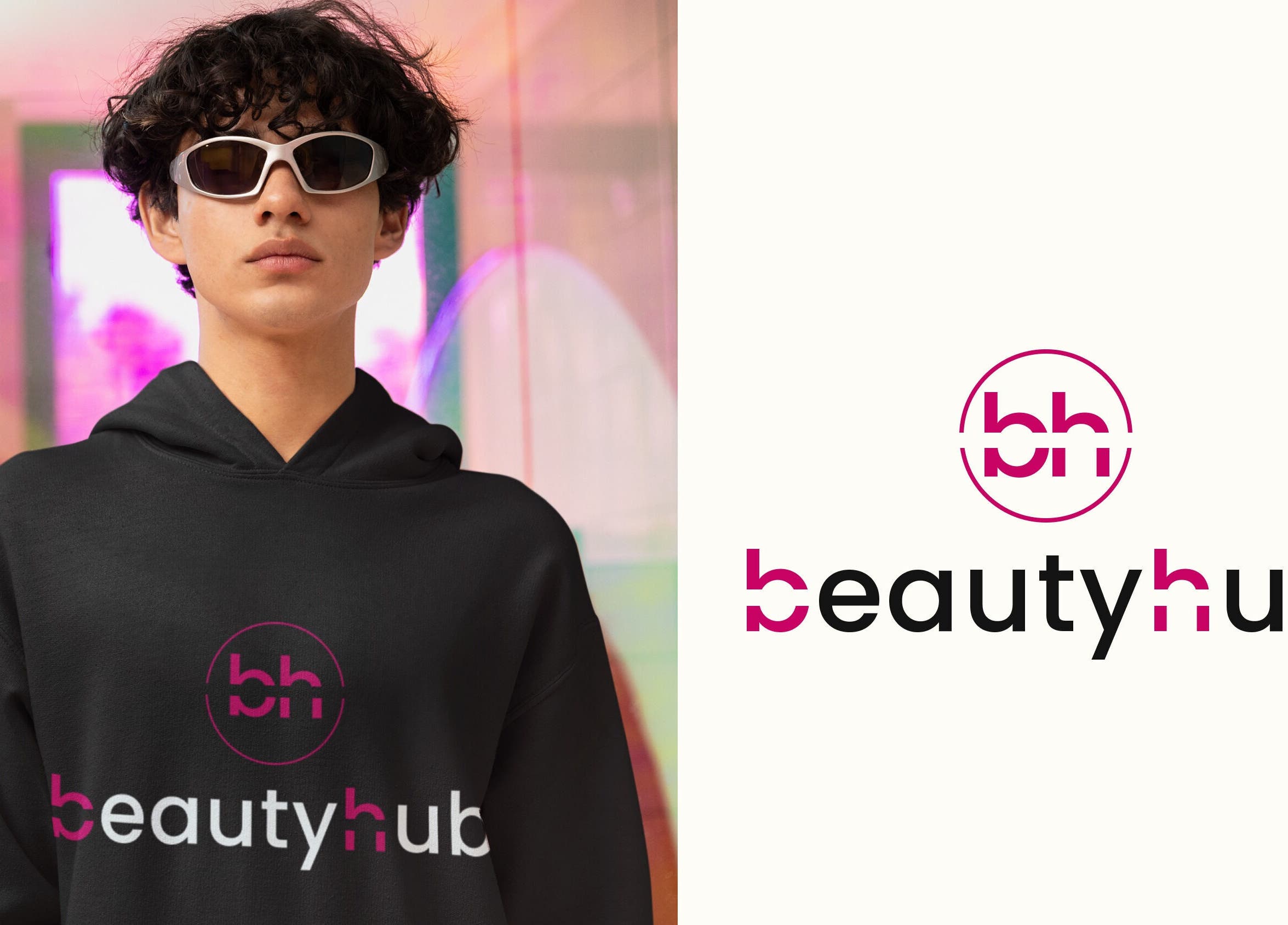 Person in sunglasses and hoodie with BeautyHub logo at pl17, Rumia, Województwo Pomorskie, PL.