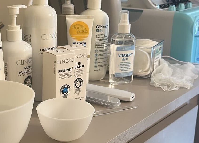 Beauty products on a counter at Face, Lash & Brow in Glasgow, Scotland, GB.