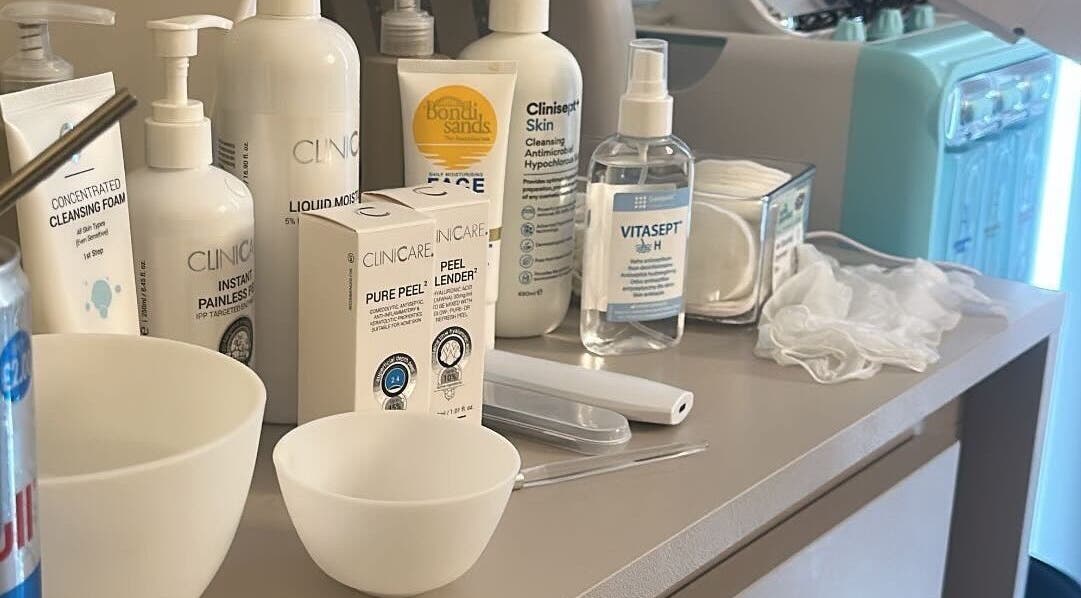Beauty products on a counter at Face, Lash & Brow in Glasgow, Scotland, GB.
