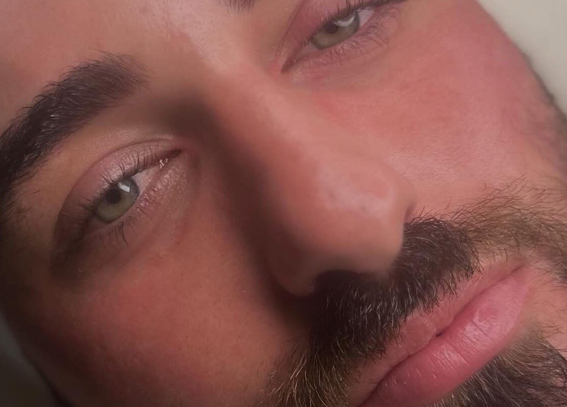 Close-up of a man's well-groomed brows and lashes at Face, Lash & Brow in Glasgow, Scotland, GB.