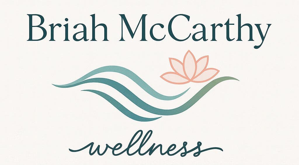 Briah McCarthy Wellness logo featuring elegant waves and lotus in Nuneaton, England, GB.