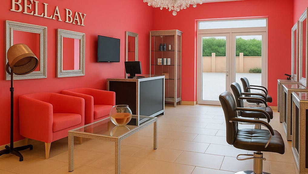 Elegant interior of Bella Bay salon in Laval, Québec, CA with red seating and styling chairs.