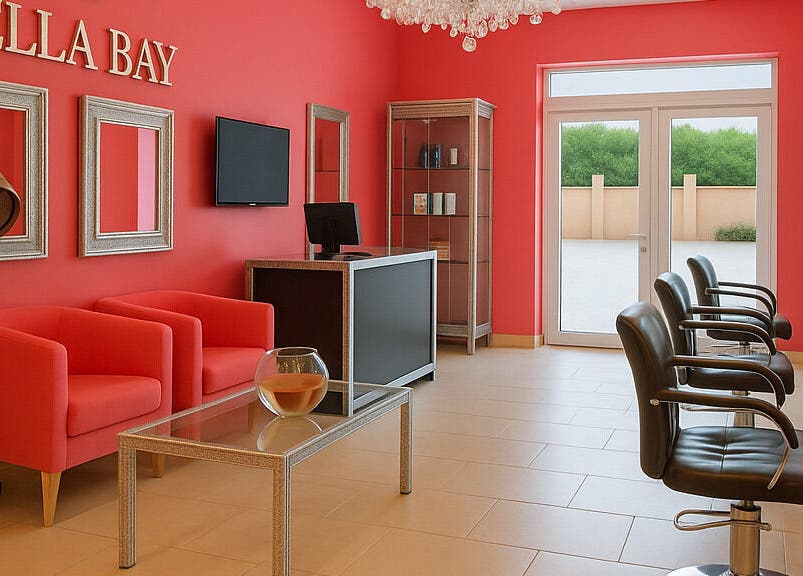 Relaxing salon interior at Bella Bay, Laval, Québec, CA with stylish seating and vibrant decor.