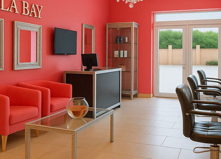 Stylish interior of Bella Bay salon in Laval, Québec, CA with red seating and modern décor.