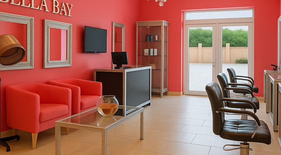 Stylish interior of Bella Bay salon in Laval, Québec, CA with red seating and modern décor.
