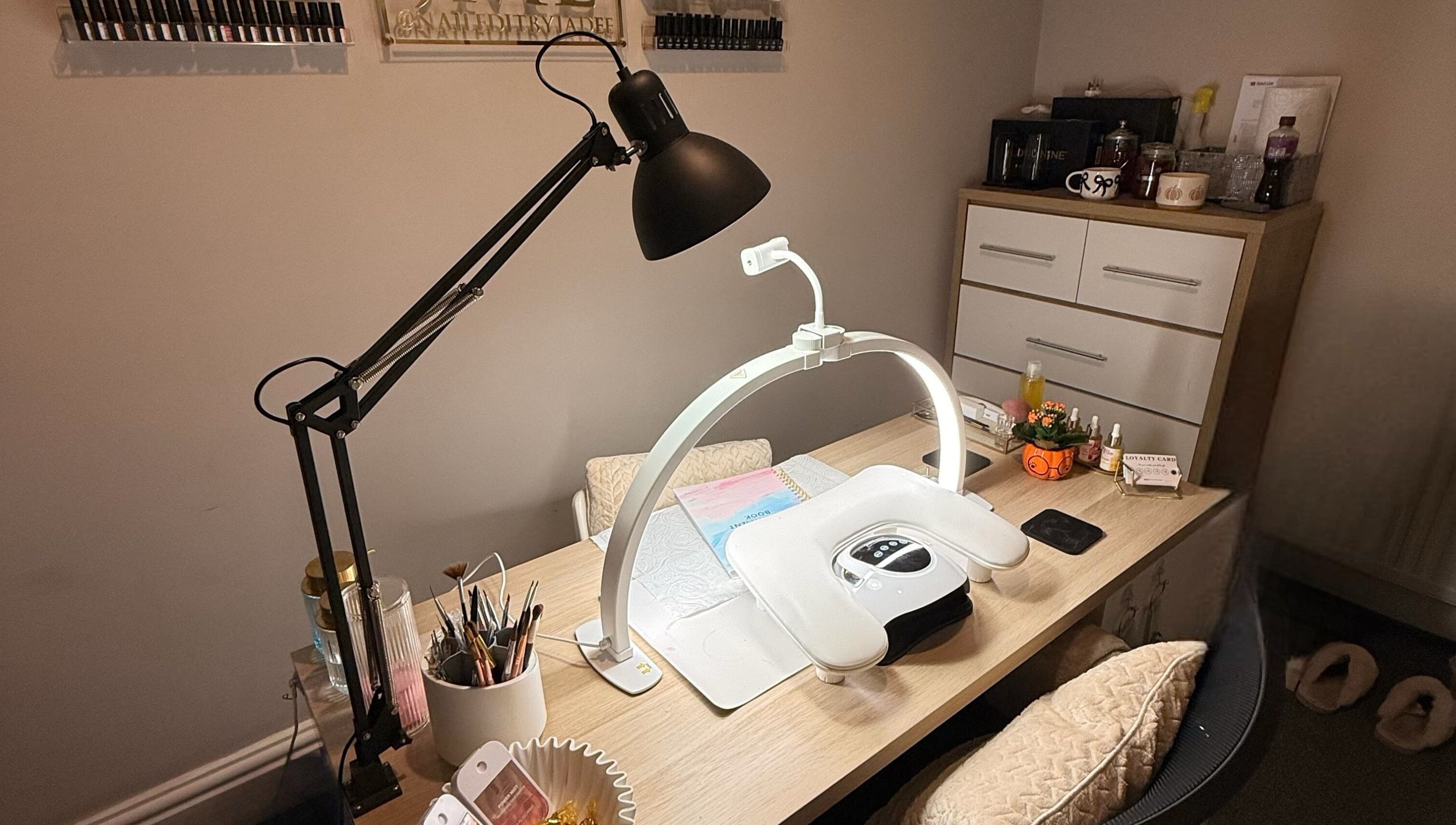 Cozy nail station at naileditbyjadee, Barnoldswick, England with elegant setup and modern design.