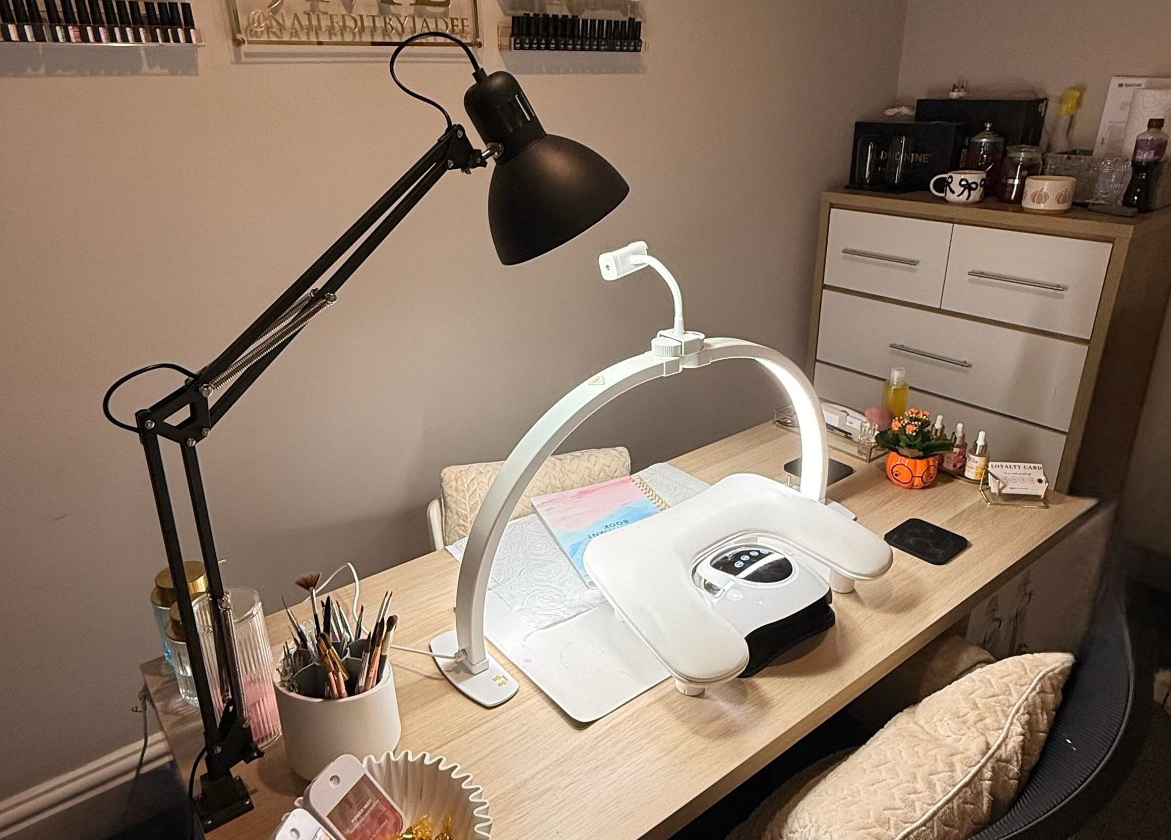 Cozy nail station at naileditbyjadee, Barnoldswick, England with elegant setup and modern design.