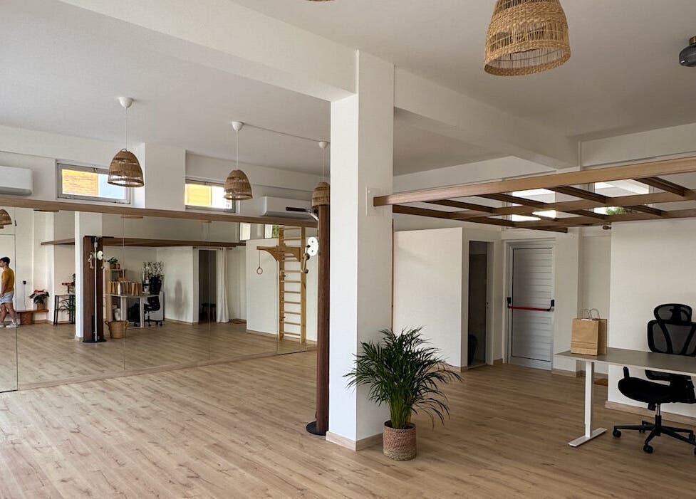 Spacious, modern studio at BodyMind Wellness Center, Egkomi Lefkosias, Lefkosia, CY, with wood floors and plants.