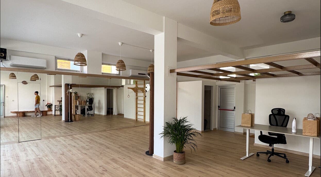 Spacious, modern studio at BodyMind Wellness Center, Egkomi Lefkosias, Lefkosia, CY, with wood floors and plants.