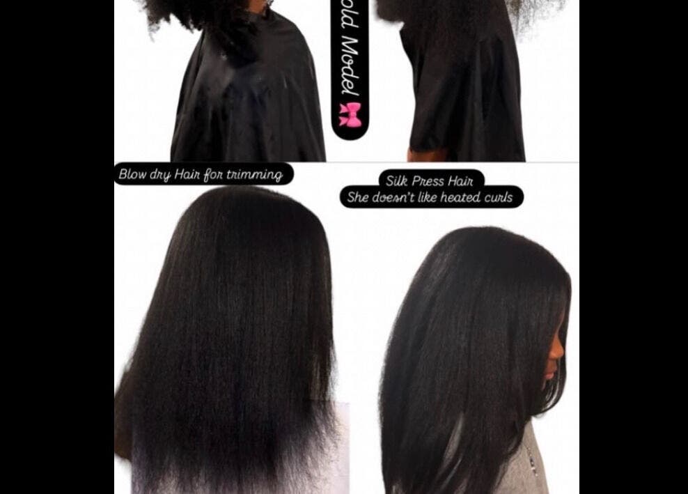 Before and after silk press transformation at YEREM', Irvington, New Jersey, US.