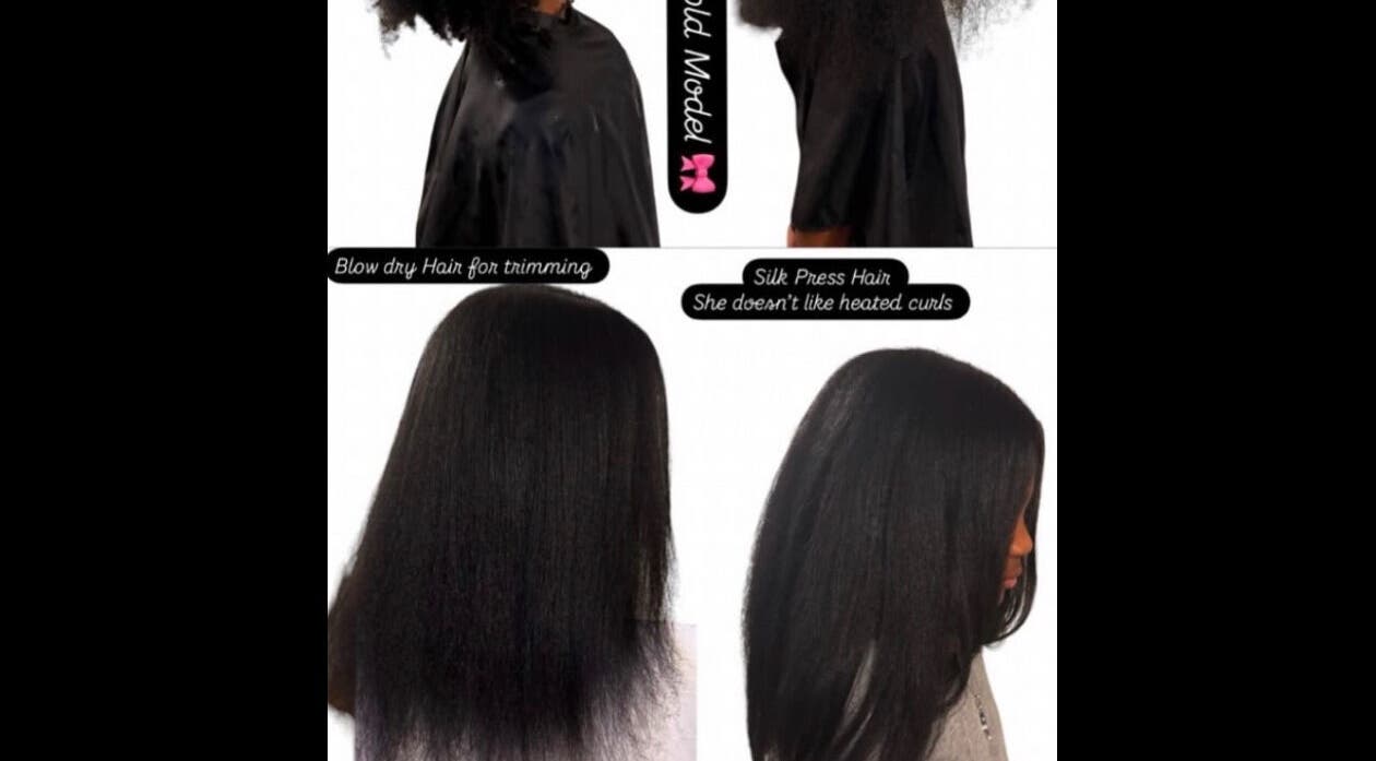 Before and after silk press transformation at YEREM', Irvington, New Jersey, US.