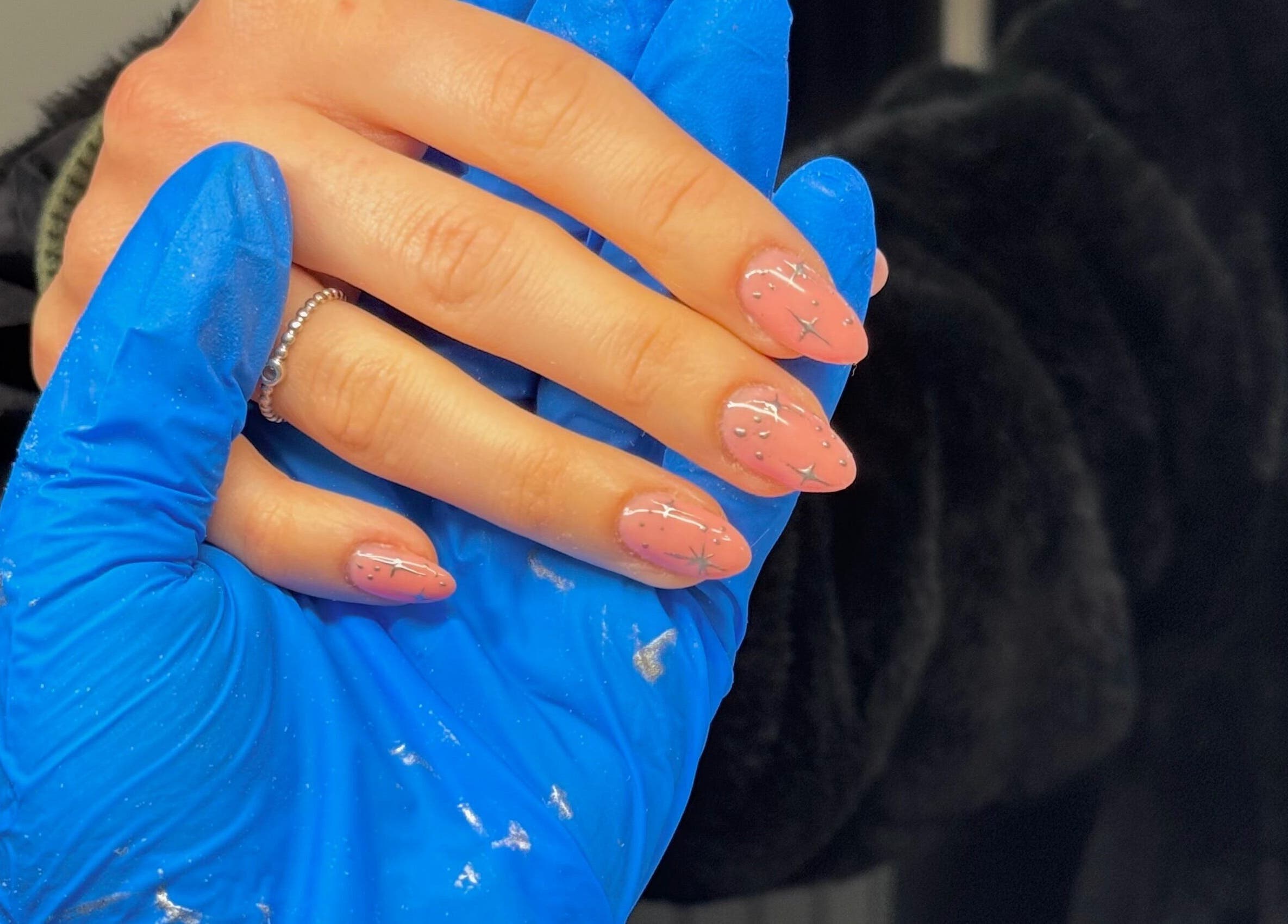 Elegant starry pink nails at Glossy Studio, Liverpool, England, GB.