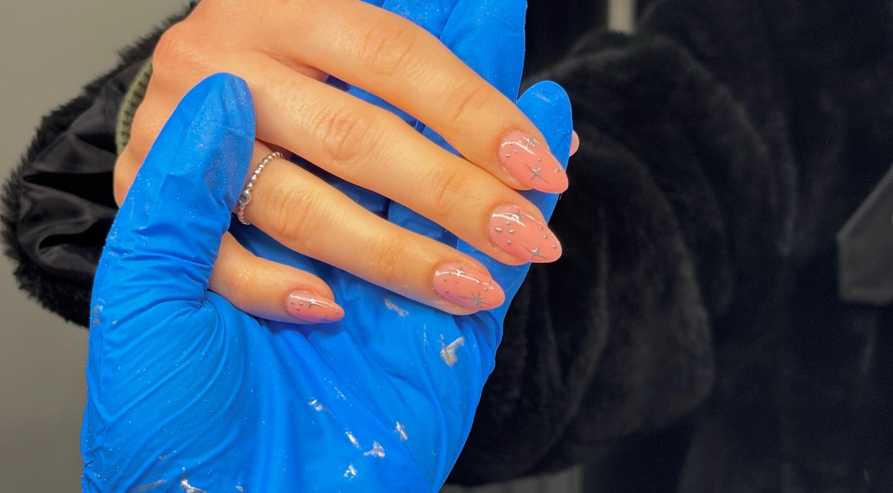 Elegant starry pink nails at Glossy Studio, Liverpool, England, GB.