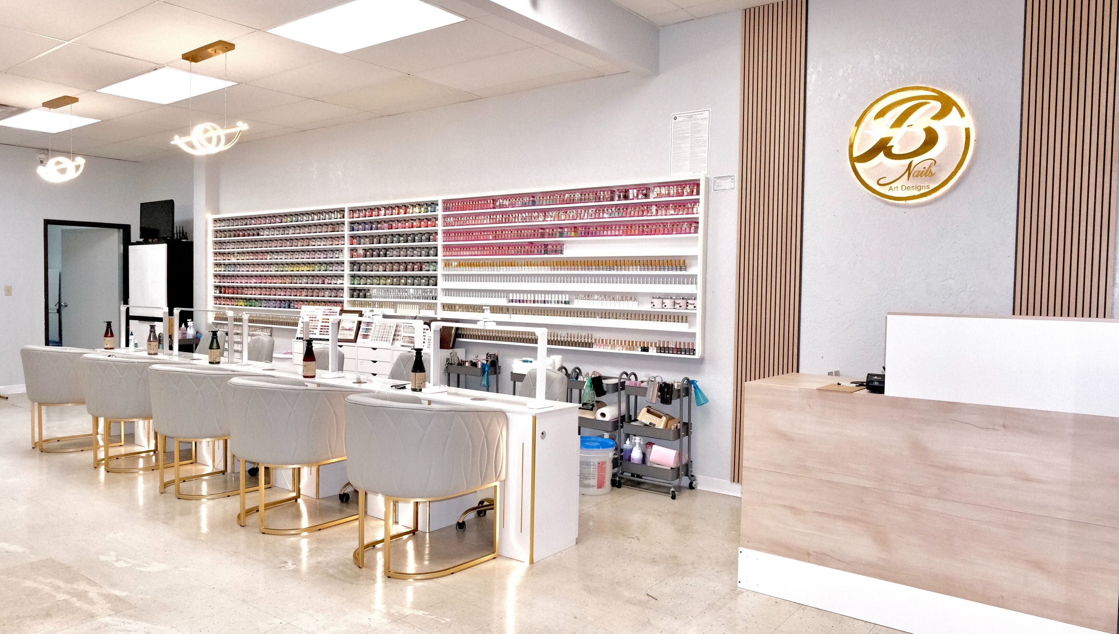 Modern interior of B Nails By Kris & Na, Bethany, Oklahoma featuring stylish nail polish displays.