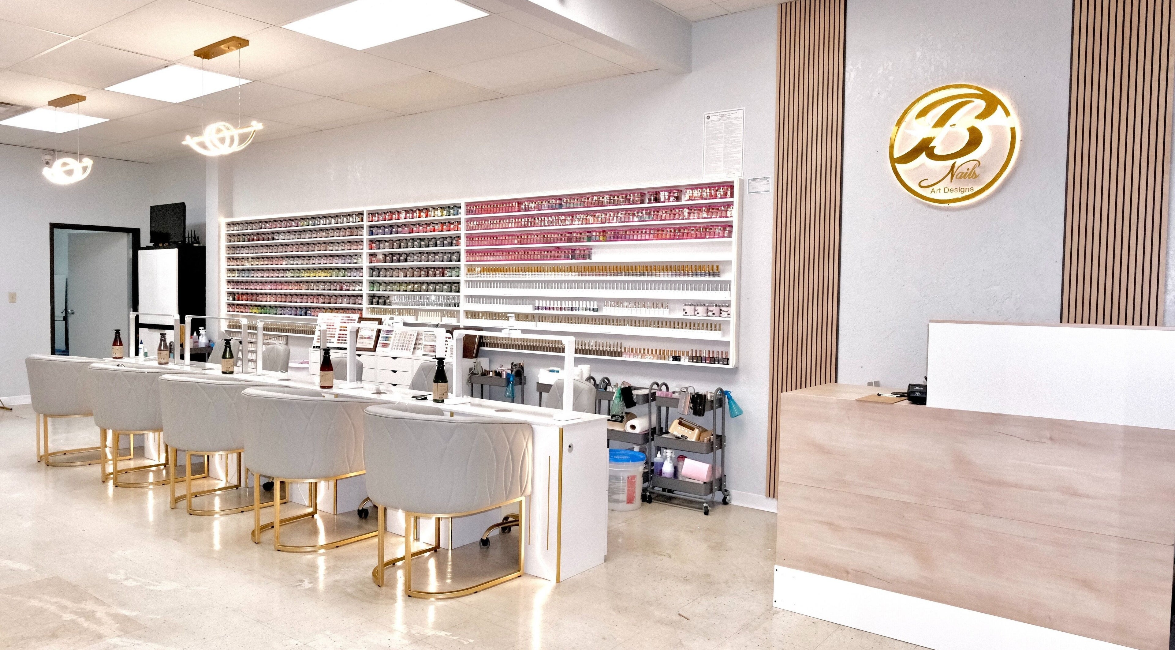 Modern interior of B Nails By Kris & Na, Bethany, Oklahoma featuring stylish nail polish displays.