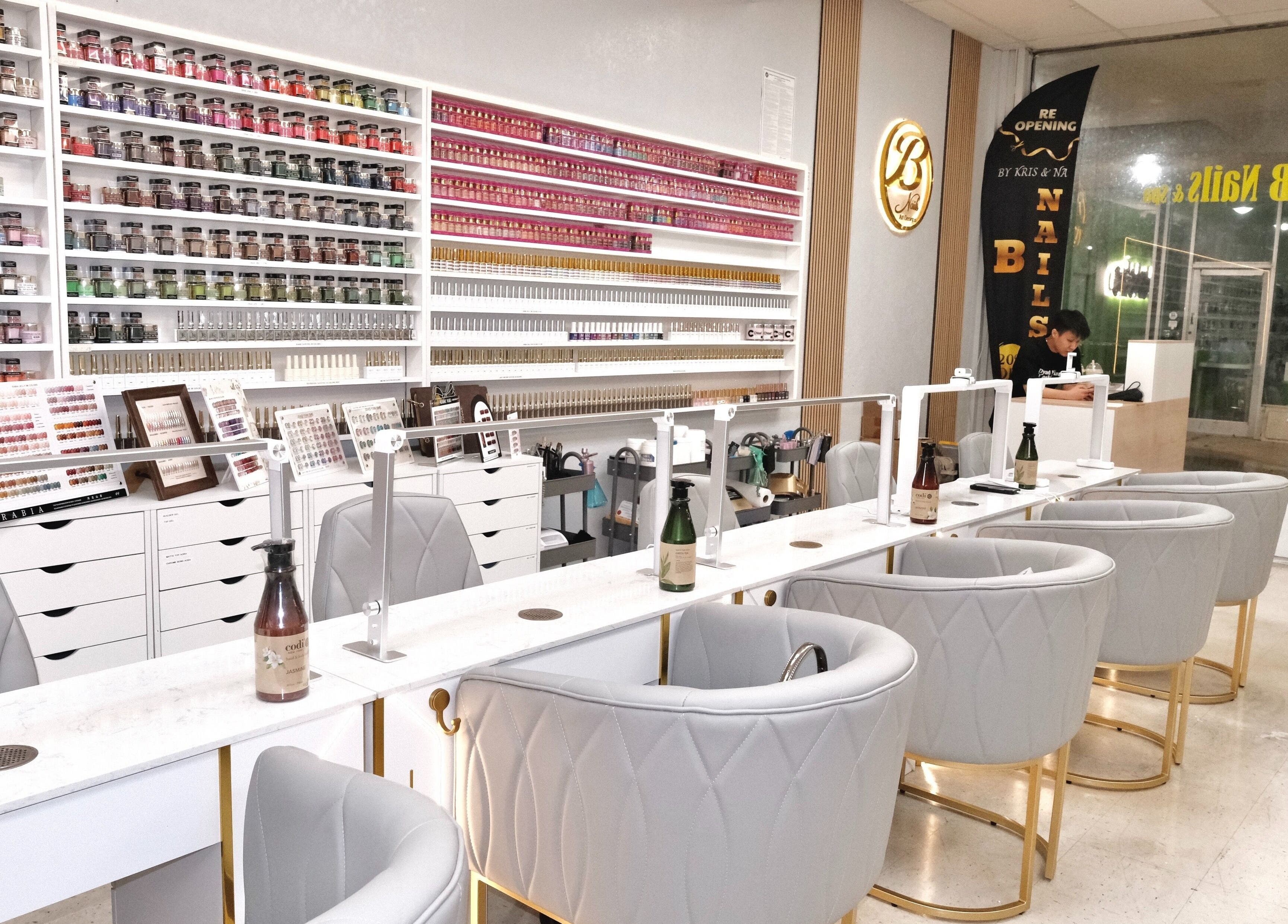 Luxurious nail salon interior at B Nails By Kris & Na in Bethany, Oklahoma, US with modern seating.