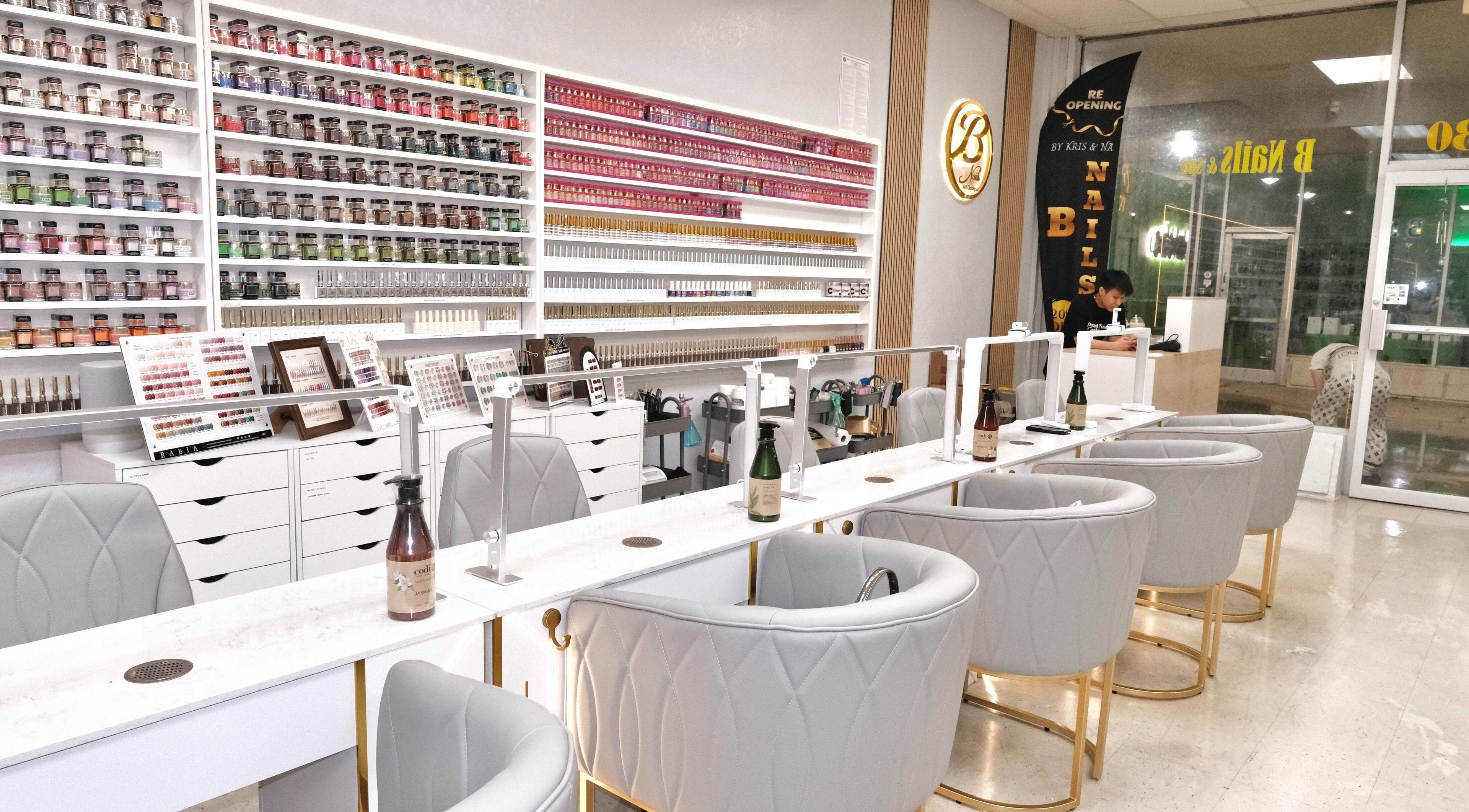 Luxurious nail salon interior at B Nails By Kris & Na in Bethany, Oklahoma, US with modern seating.