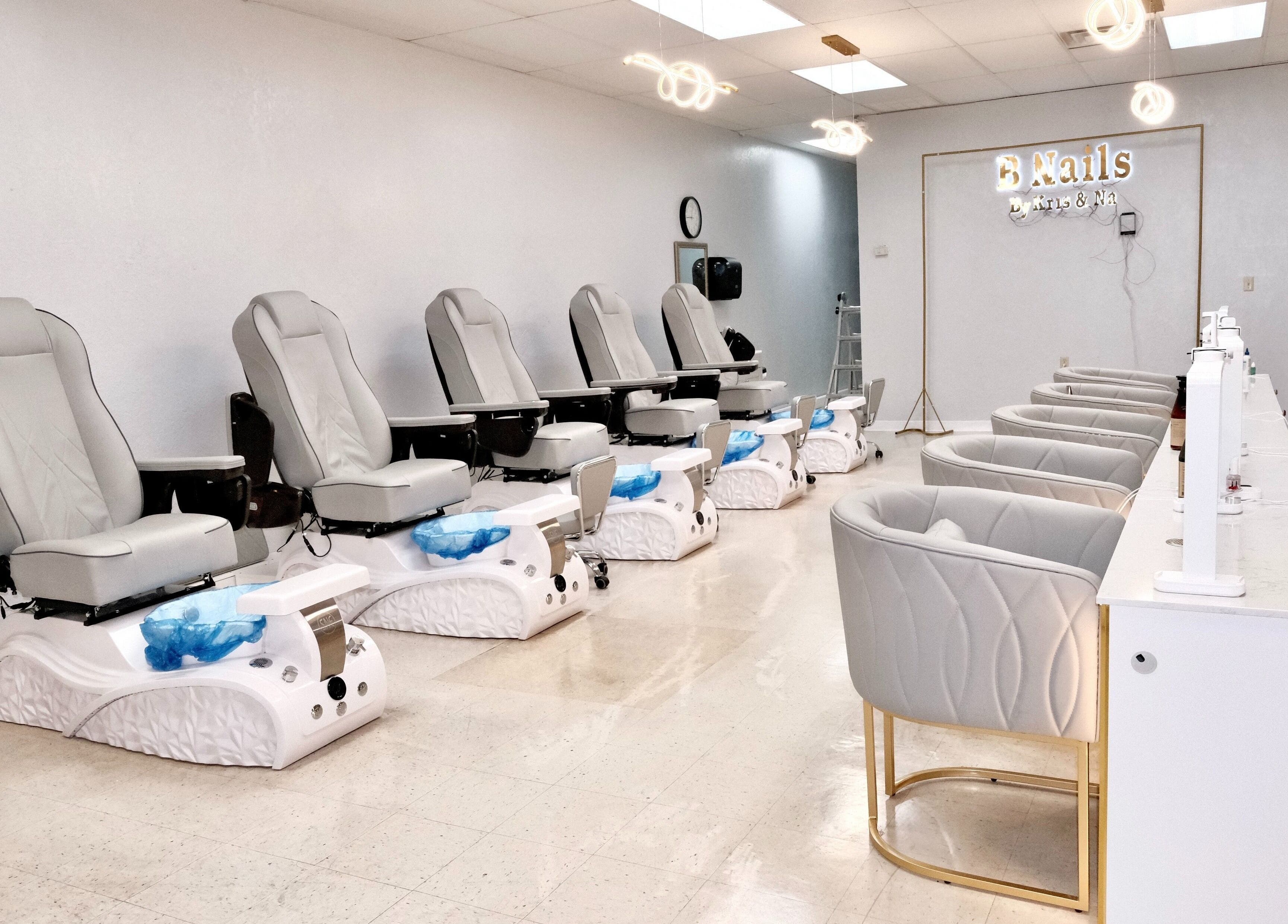 Luxurious pedicure lounge at B Nails By Kris & Na in Bethany, Oklahoma, US, featuring plush seating and modern decor.