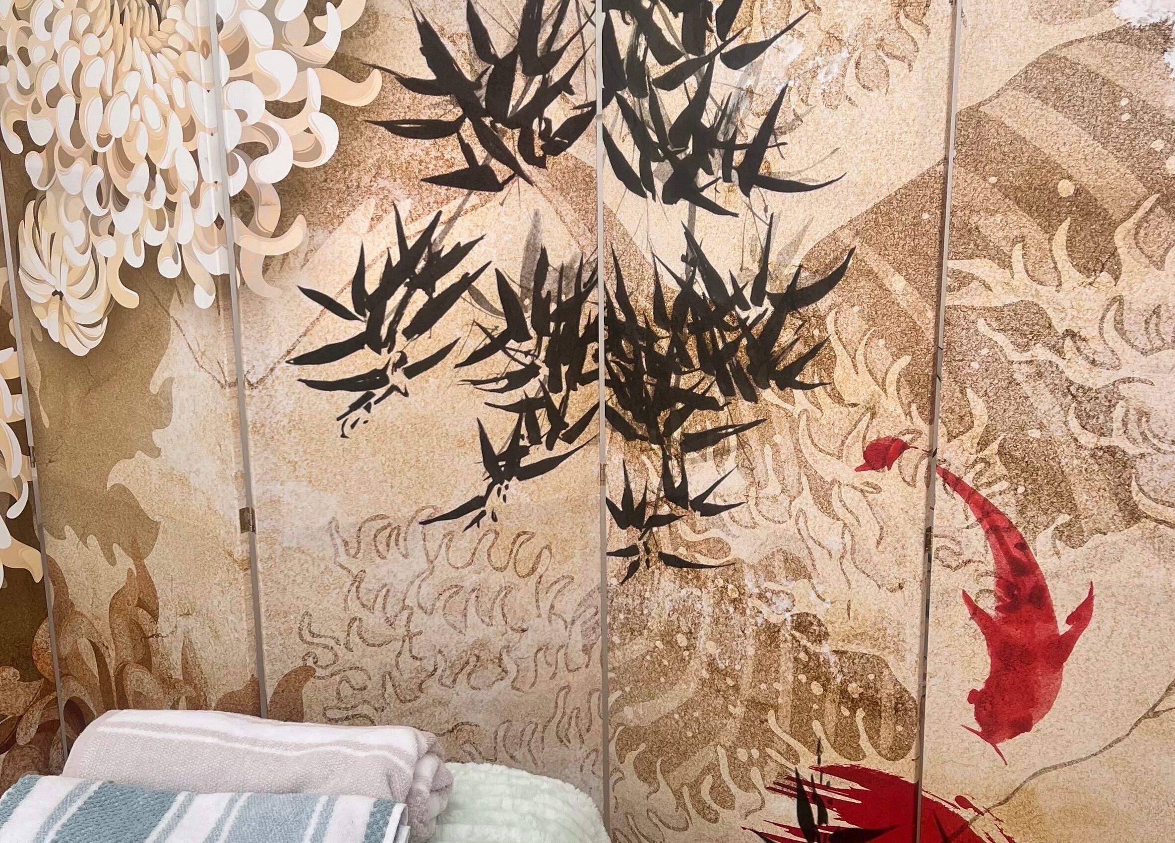 Artistic mural with floral and koi designs at Gaia Massage, Harrow, England, GB.