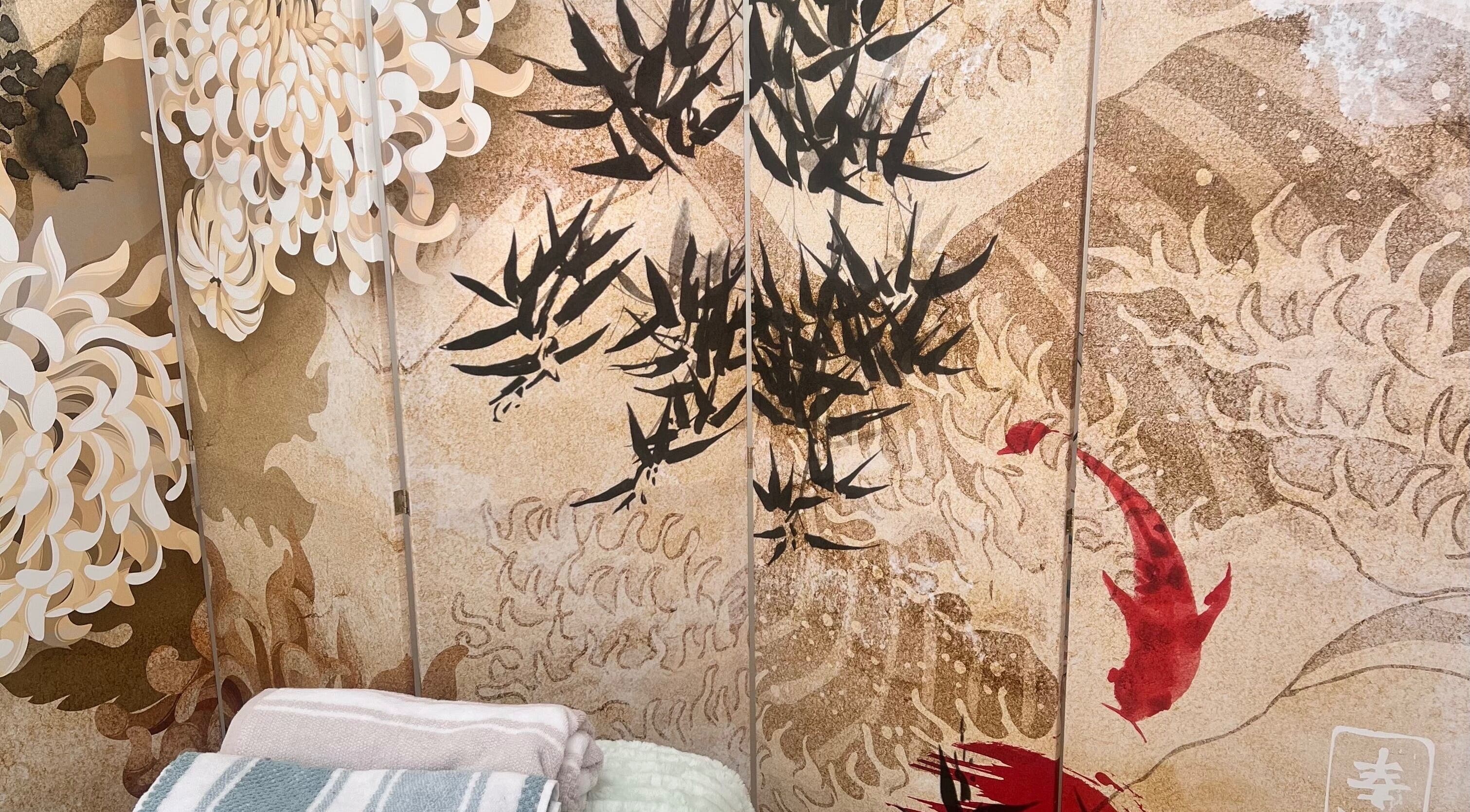 Artistic mural with floral and koi designs at Gaia Massage, Harrow, England, GB.