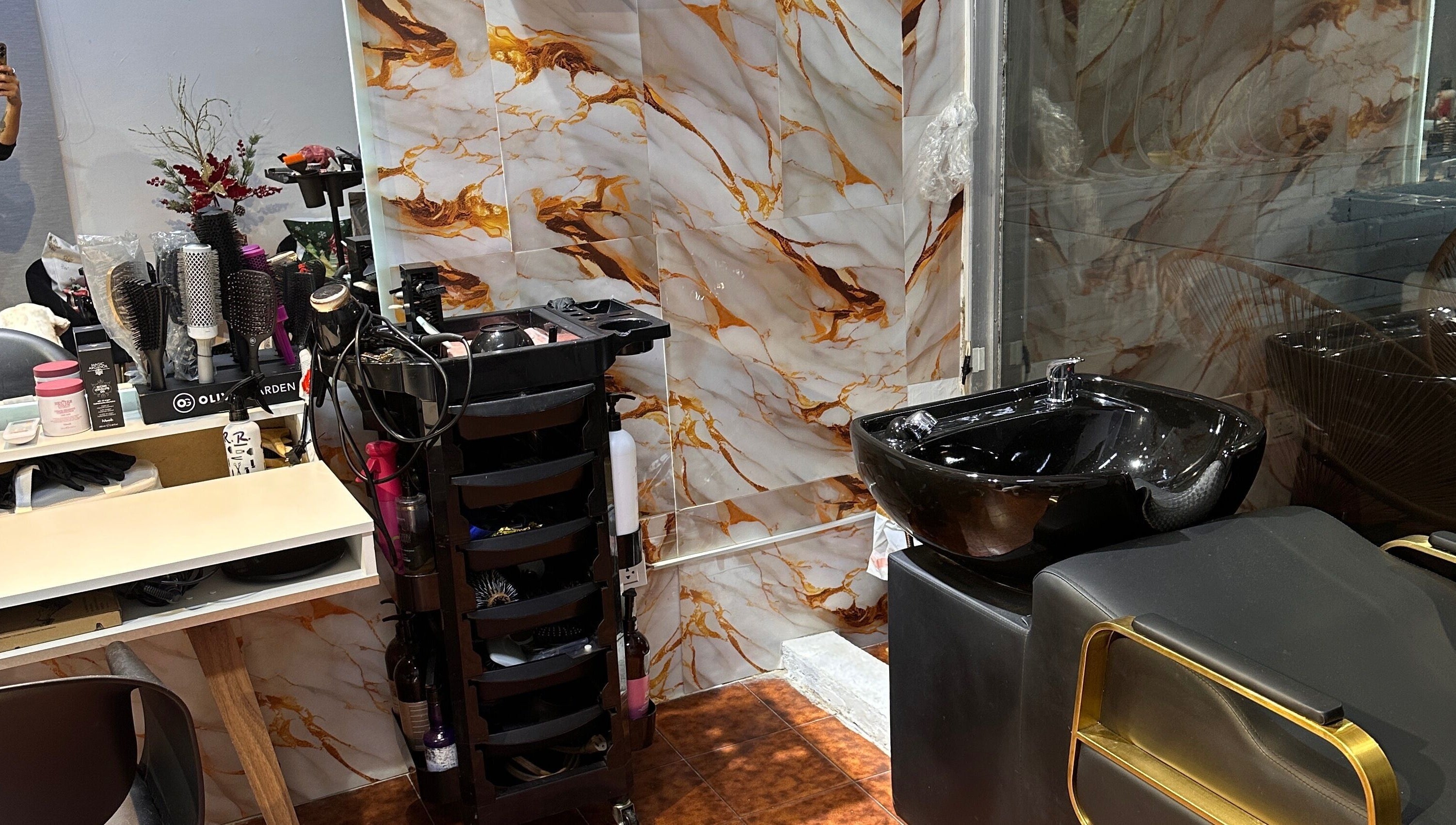 Interior de Delkys Hair Studio en Valencia, Carabobo, VE, mostrando elegante rincón de lavado estilizado.