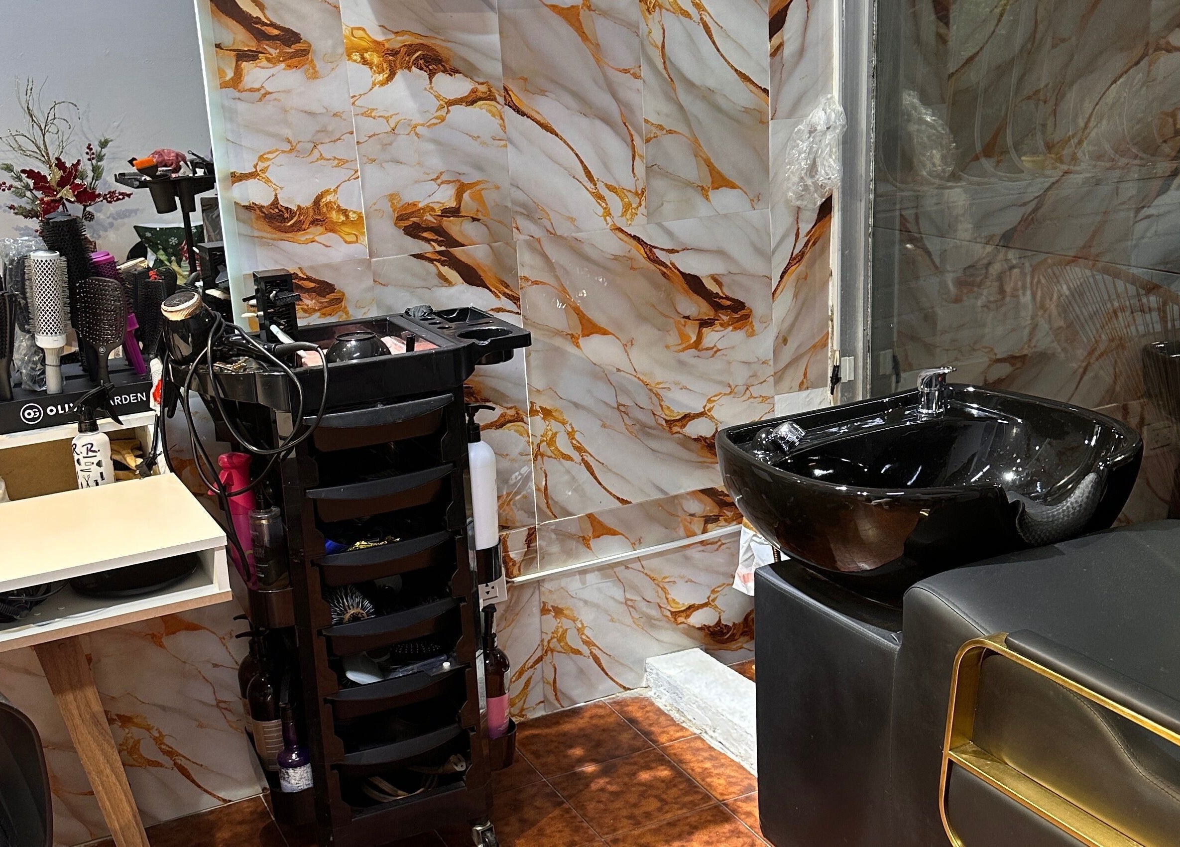 Interior de Delkys Hair Studio en Valencia, Carabobo, VE, mostrando elegante rincón de lavado estilizado.