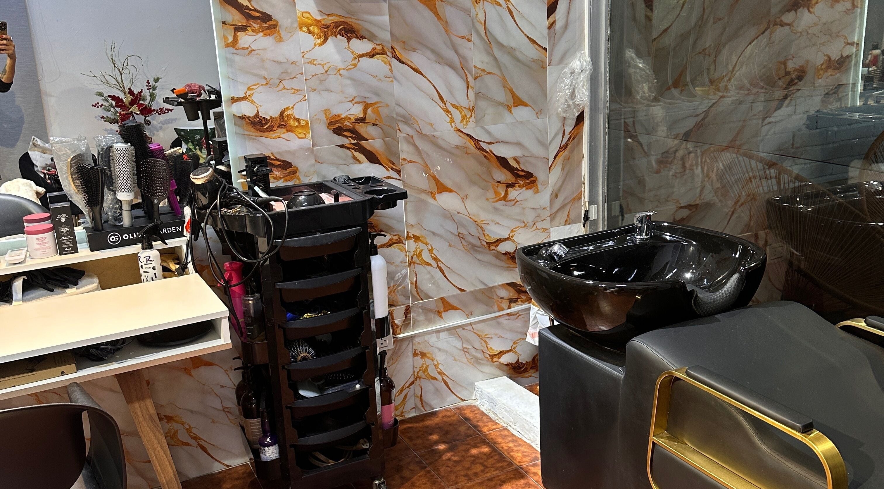 Interior de Delkys Hair Studio en Valencia, Carabobo, VE, mostrando elegante rincón de lavado estilizado.