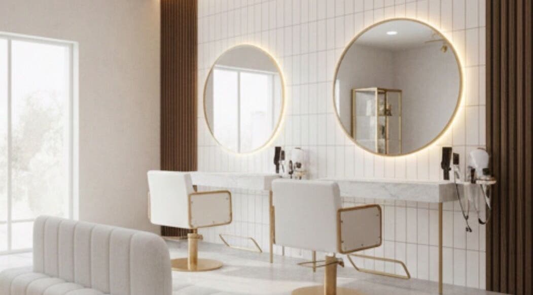 Modern salon at Dajore Hair in Freeport, BS, featuring illuminated mirrors and elegant styling chairs.