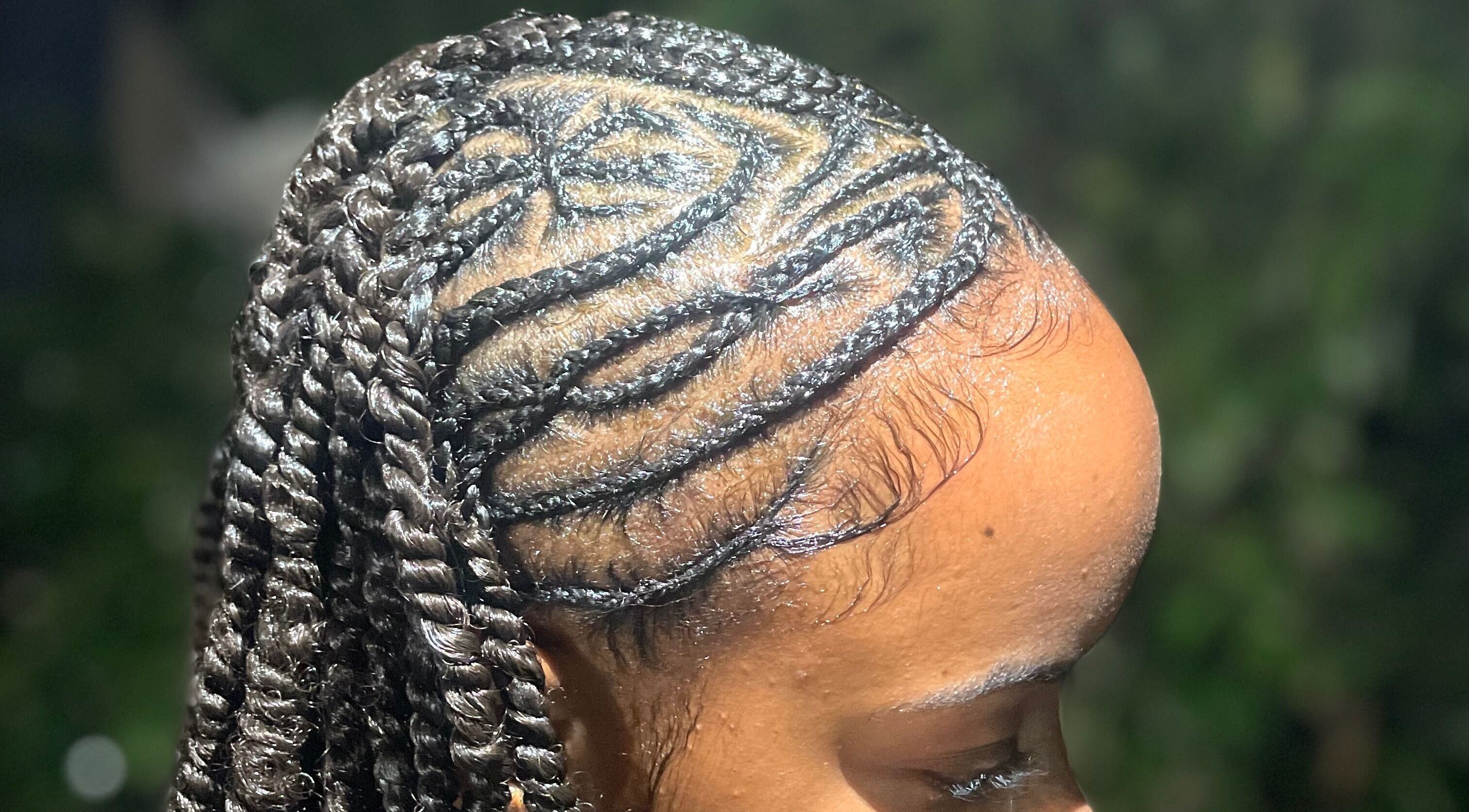 Close-up of intricate braided hairstyle at Kyng’s Hair Care, Saint John's, Saint John, AG.