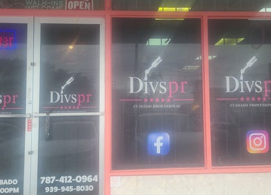 Front entrance of Divspr Professional Care, San Juan, San Juan, PR, showcasing branding and social media icons.