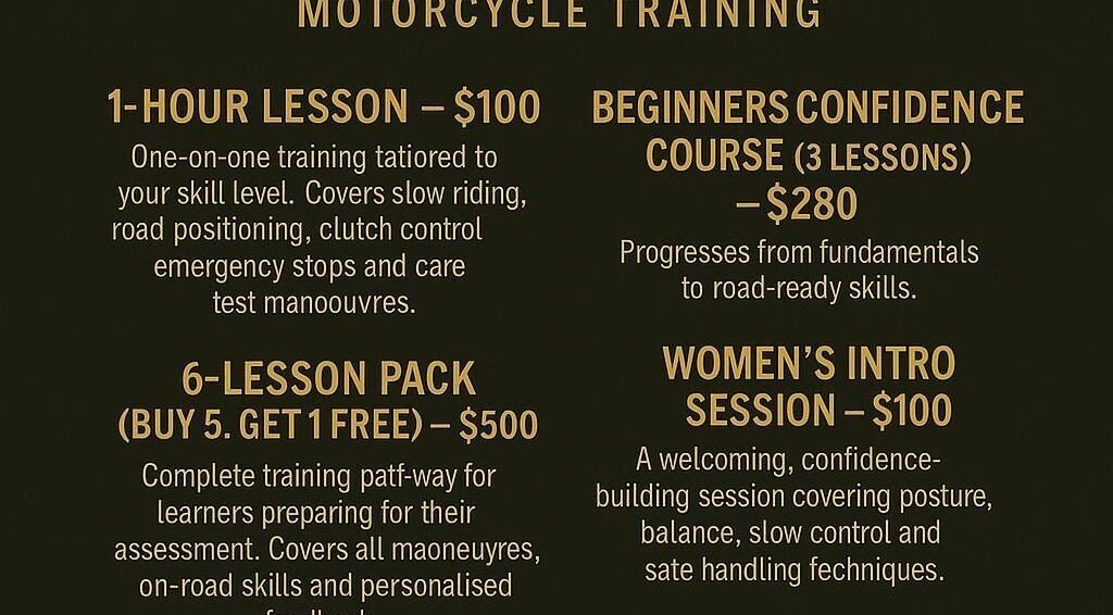 Motorcycle training sessions offered at Veteran Treads, Perth, Western Australia, AU, including lessons and courses.