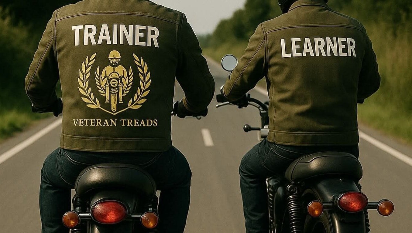 Trainer and learner riding motorcycles for 'Lesson at your own home with your own Motorcycle' in Kensington, AU.