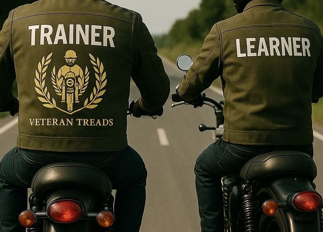 Trainer and learner riding motorcycles for 'Lesson at your own home with your own Motorcycle' in Kensington, AU.