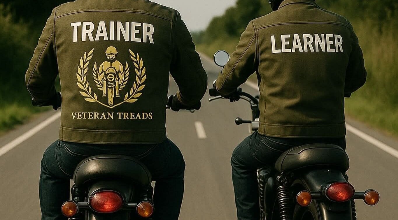 Trainer and learner riding motorcycles for 'Lesson at your own home with your own Motorcycle' in Kensington, AU.