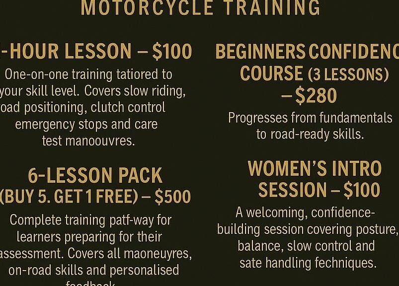 Motorcycle training lessons menu at Lesson at your own home with your own Motorcycle, Kensington, AU.