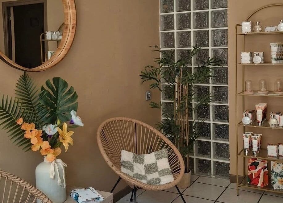 Décor apaisant à Institut-Méluna, Banon, Provence-alpes-côte D'azur, FR avec fauteuil, plantes et produits.