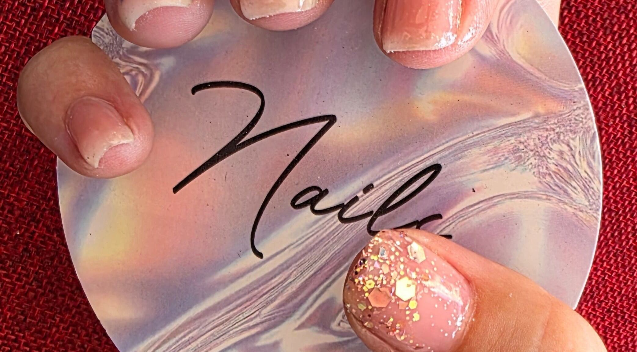 Close-up of glittery nails at Mel's Treasures, Cape Town, Western Cape, ZA.