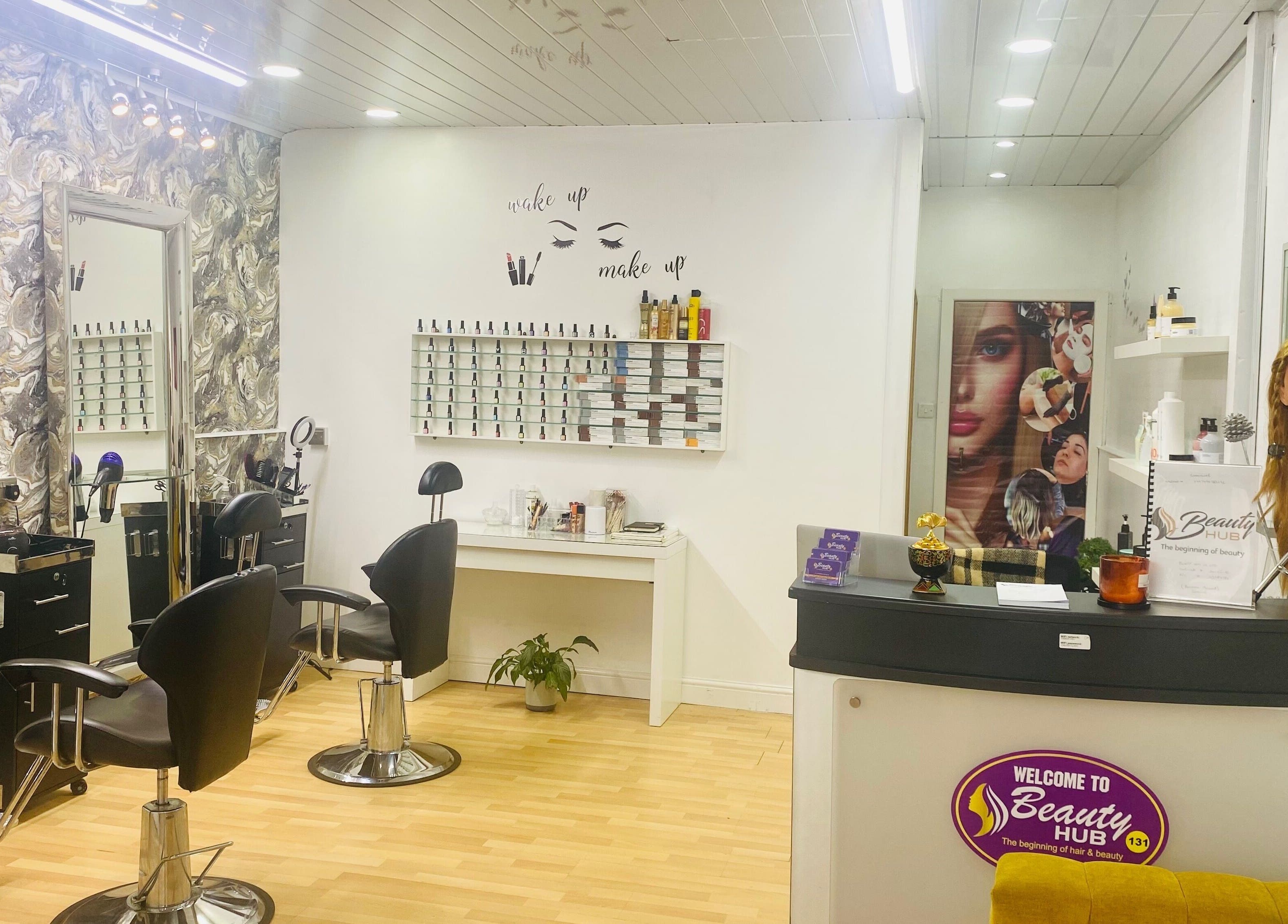 Inside Beauty Hub 131 salon in Nelson, England, GB featuring styling chairs and products on display.
