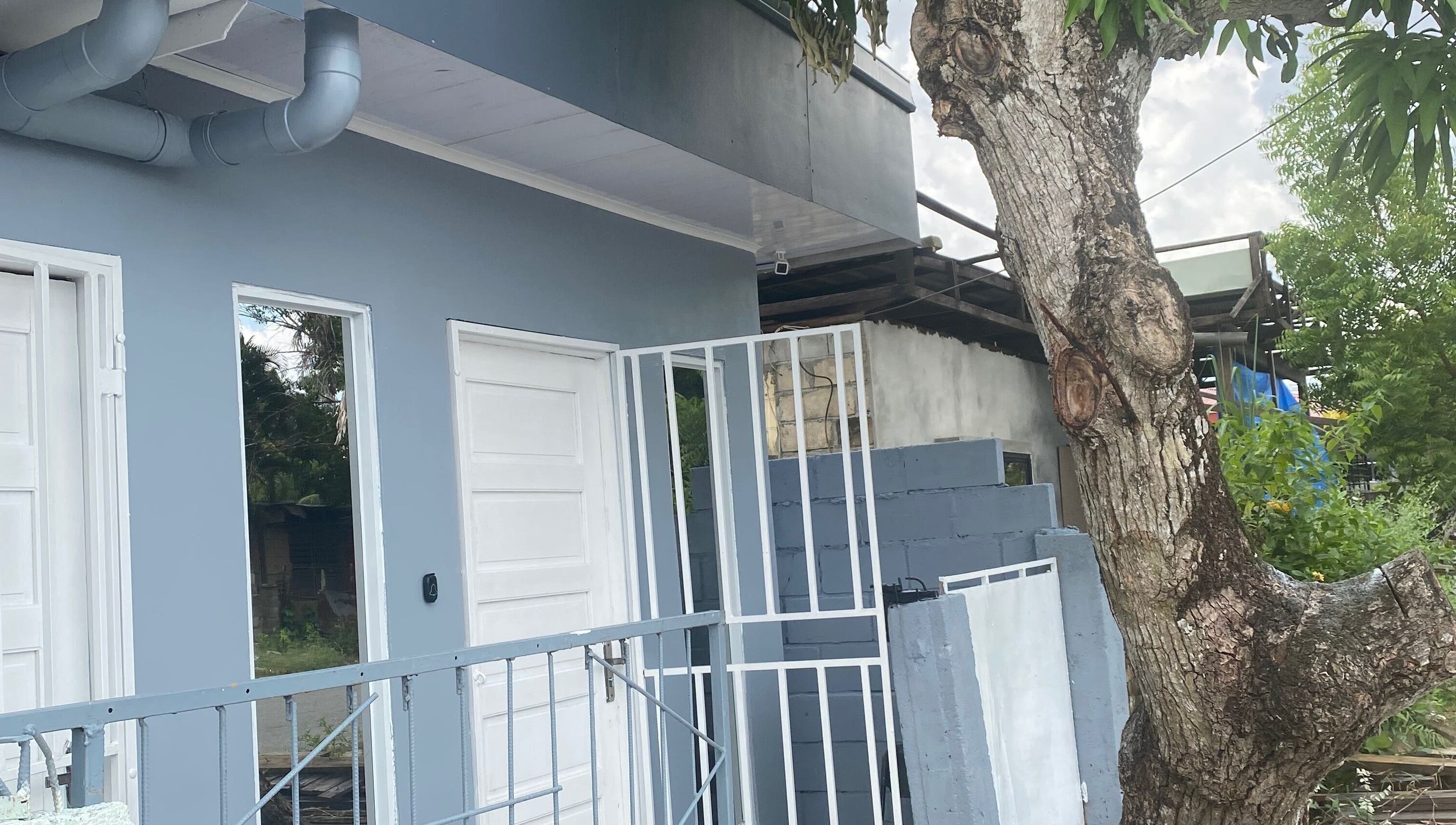 Exterior view of Sparkle Waxing Bar & More, Paramaribo, SR with tree and blue-gray building facade.