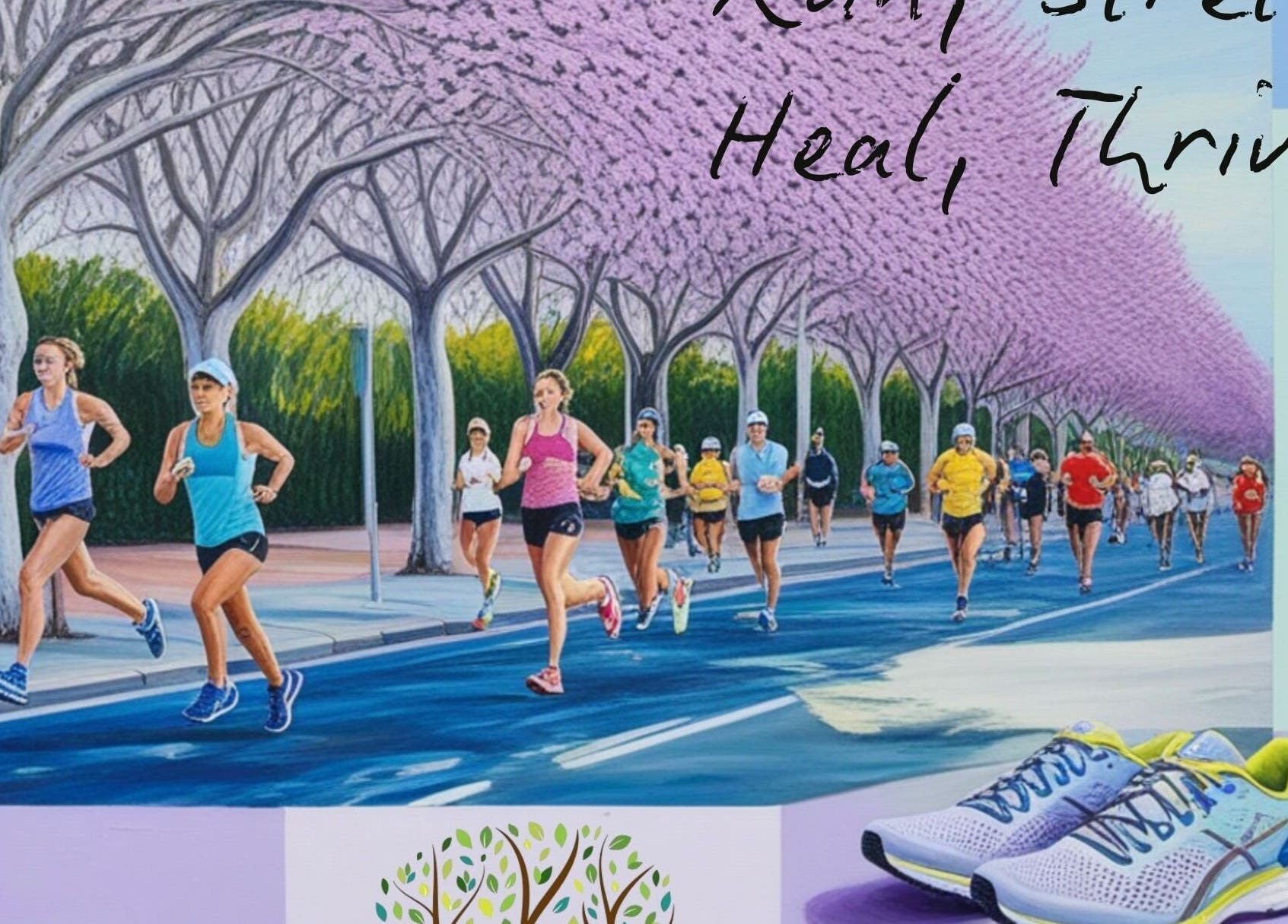 Joggers run under flowering trees near Gerhard Shaw Physiotherapy, Pretoria, Gauteng, ZA, promoting wellness.